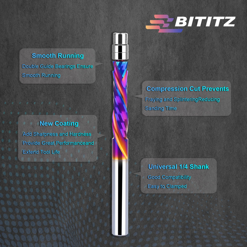 2PCS Up & Down Cut Spiral Flush Trim Router Bit 1/4 Inch Shank 1/4 Inch Cutting Diameter, CNC Router Bits End Mill for Wood Cutting, Slot Mortise, Engraving 2 pieces COMPRESSION CUT
