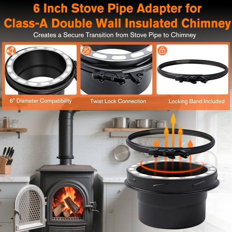 6 Inch Stove Pipe Adapter for Class-A Chimney, 304 Stainless Steel