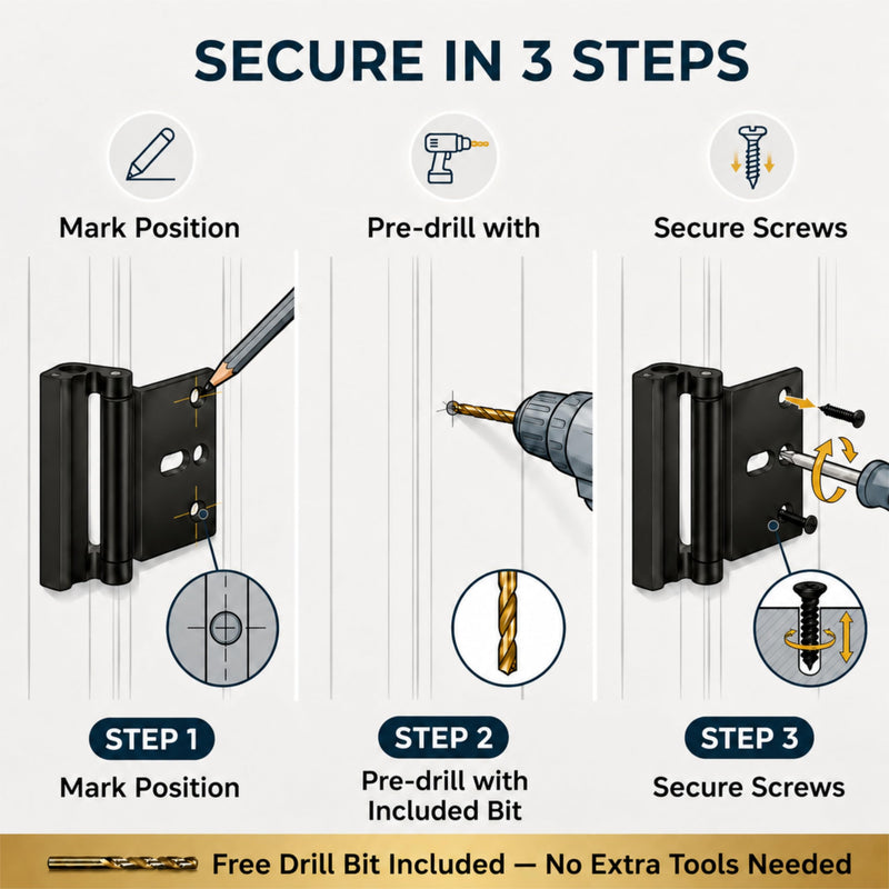Door Reinforcement Lock 2 Pack, Home Security & Kids Safety | 800lbs Kick-in Defense; INWARD Swing Doors ONLY; Childproof Pinch-to-Unlock; Heavy-Duty Aluminum; Free Drill Bit Included