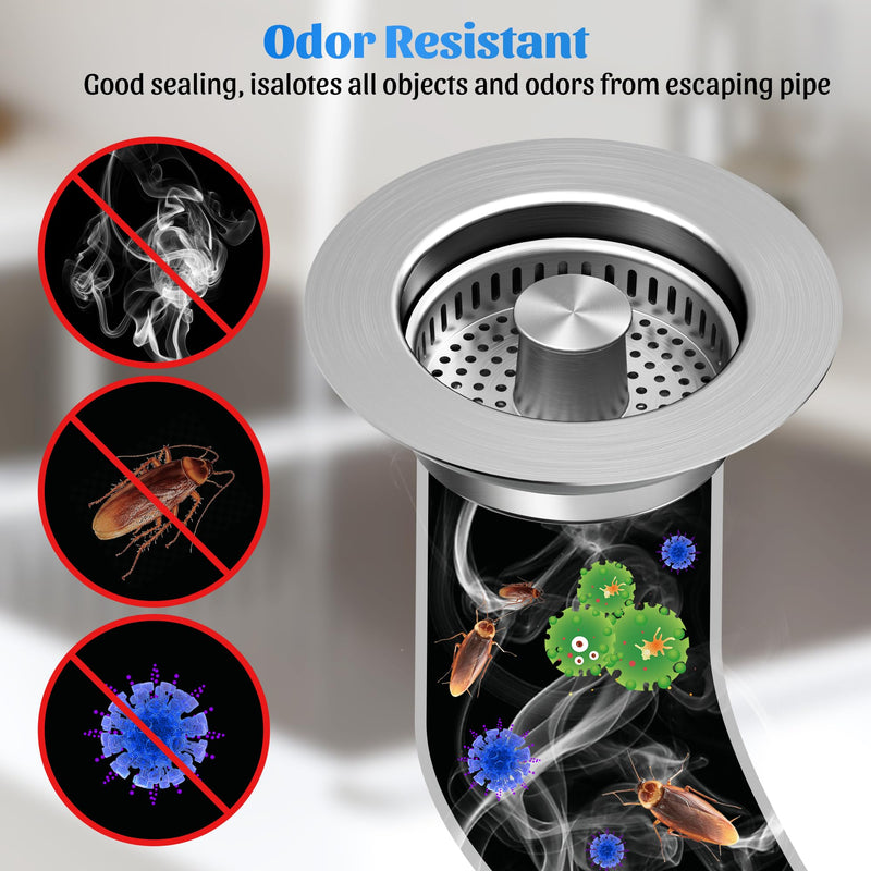 Kitchen Sink Drain Strainer - 2-Pack 3-in-1 Stainless Steel Kitchen Sink Stopper Pop-Up Sink Drain Strainer Basket Kitchen Sink Strainer Stopper Filter for US Standard 3-1/2 Inch Drain Silver-2pack