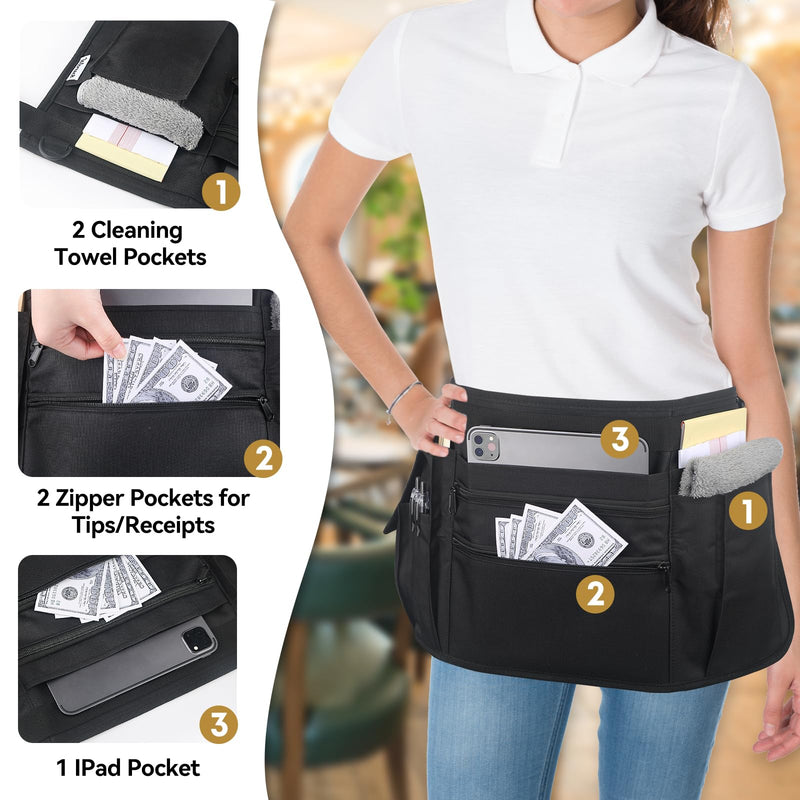 Waitress Apron Server Apron with 7 Pockets, Black Half Apron with Zippers & Adjustable Belt,Waist Apron for Restaurant, Kitchen
