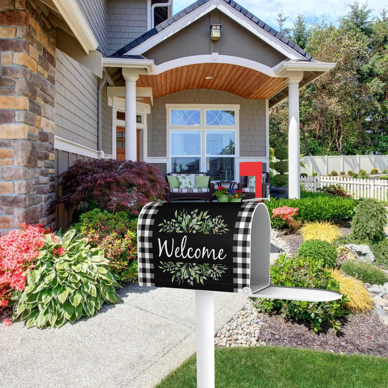 Wreath Buffalo Plaid Mailbox Covers, Welcome Magnetic Mailbox Cover, Plaid and Leaves Mail Box Covers for Garden Outdoor Decor 21 x 18 Inchs Black White Welcome Wreath 21x18 in