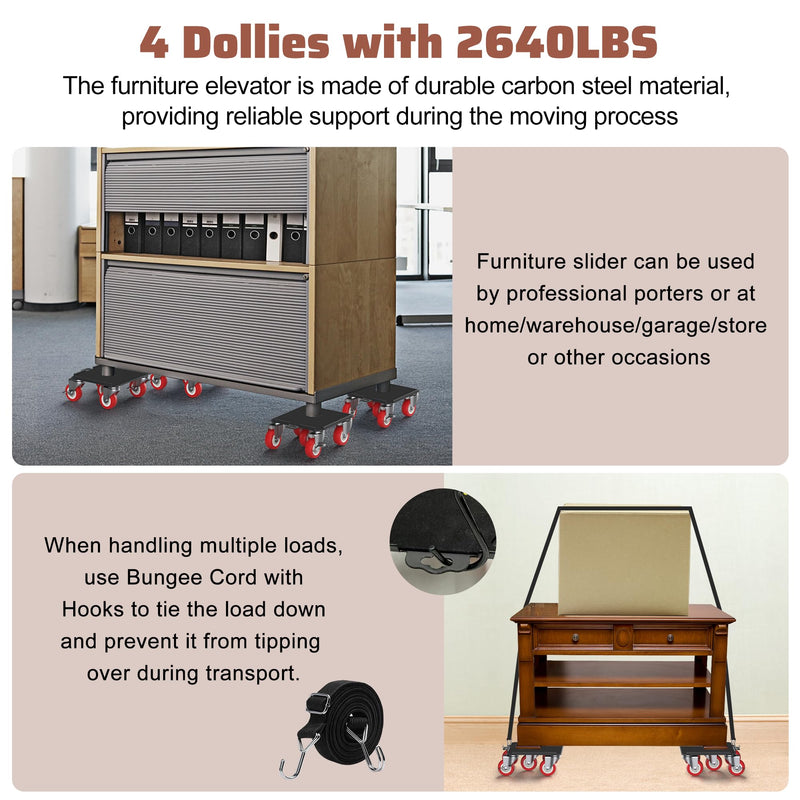 4 Packs Heavy Duty Furniture Dolly with 5 Wheels Rubber Silent Furniture Lift, 3300 lbs Load Capacity, Furniture Lift Tool Set Made of Premium Carbon Steel 6.3IN & 4 Dollies