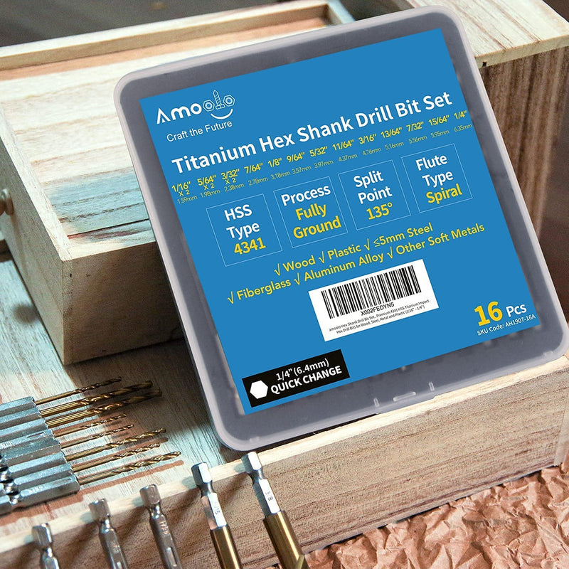 amoolo Hex Shank Drill Bit Set (13Pcs Set+3 Pcs Free), Premium 4341 HSS Titanium Impact Hex Drill Bits for Wood, Steel, Metal, Plastic, Quick Change Design (1/16 -1/4 ) 1/16"-1/4" (13+3pcs)