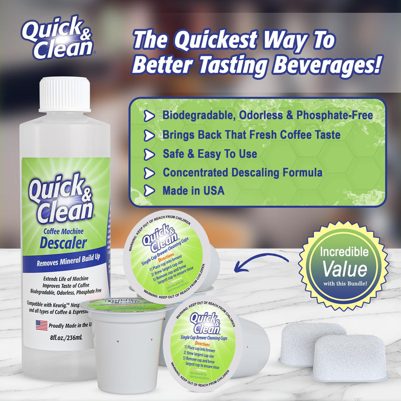 Quick & Clean 4-Pack of Cleaning Cups with Descaler Bundle (2 Total Uses) - 2.0 Compatible, Descaling Solution for Keurig, Nespresso, Ninja, Delonghi, All Coffee and Espresso Machines