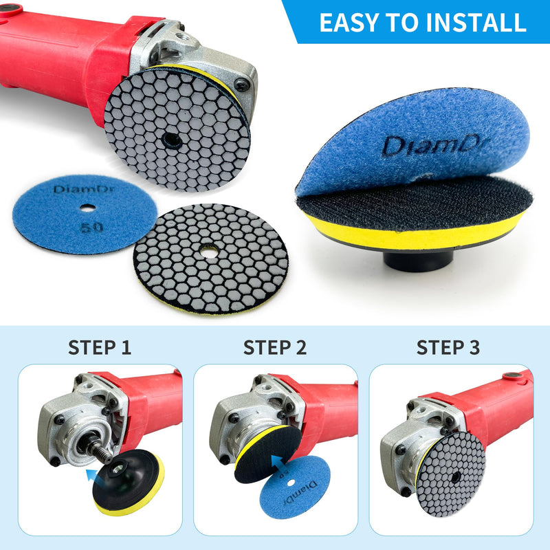 Dry Diamond Polishing Pads,7 Inch Polishing Pads Set of 8 Pieces Plus with 5/8”-11 Backer Backing Plate for Granite Concrete Marble Quartz Stone Countertop Polishing 7 INCH