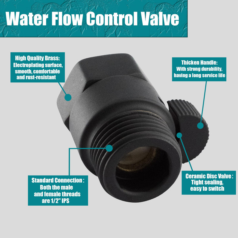 Water Flow Control Valve, G1/2" Brass Shower Flow Shut Off Valve, Simple Water Volume Adjust Valve, Water Pressure Regulator for Hand Held Shower, Matte Black