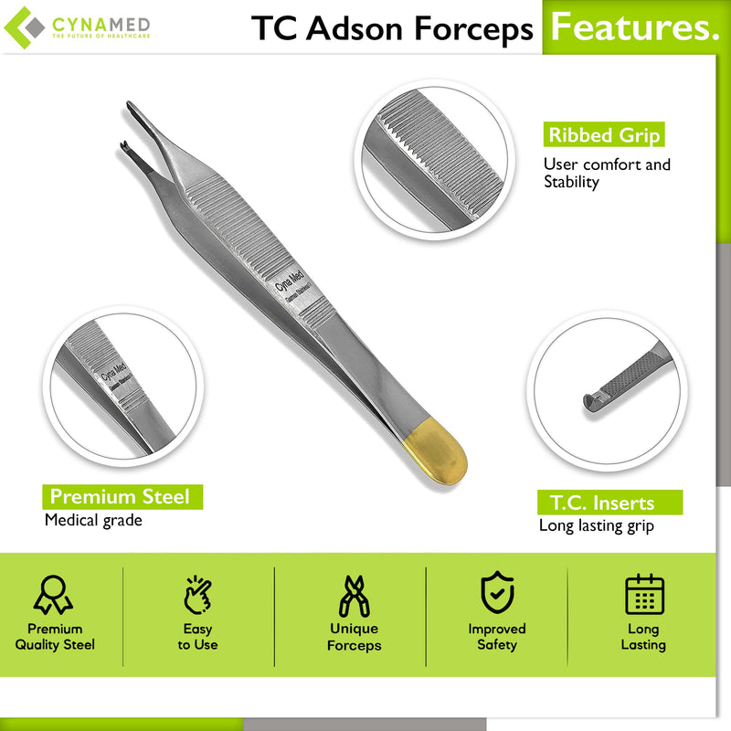Cynamed T/C Adson Plastic Surgery Forceps 4.75" Straight Fine Point with Tungsten Carbide Inserts Surgical Veterinary Instruments with Gold Handle (1X2 Teeth, Adson Tissue Forceps, TC) 1x2 Teeth