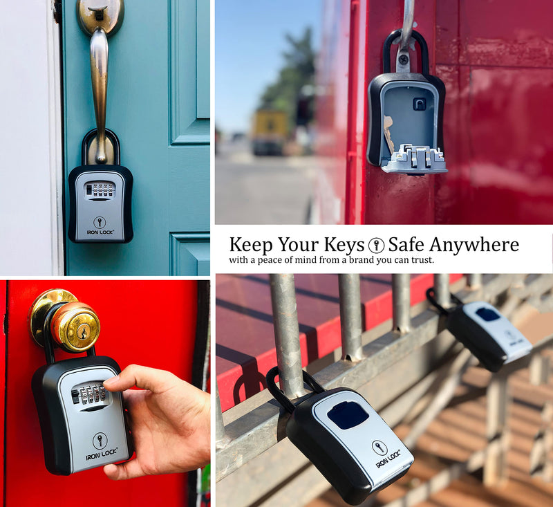 Iron Lock® - Key Lock Box Portable and Wall Mounted with Removable Shackle Indoor Outdoor Waterproof 4 Digit Combination with Resettable Code with A B Switch Key Lockbox for Outside Hold 5 Spare Keys Gray Medium-U
