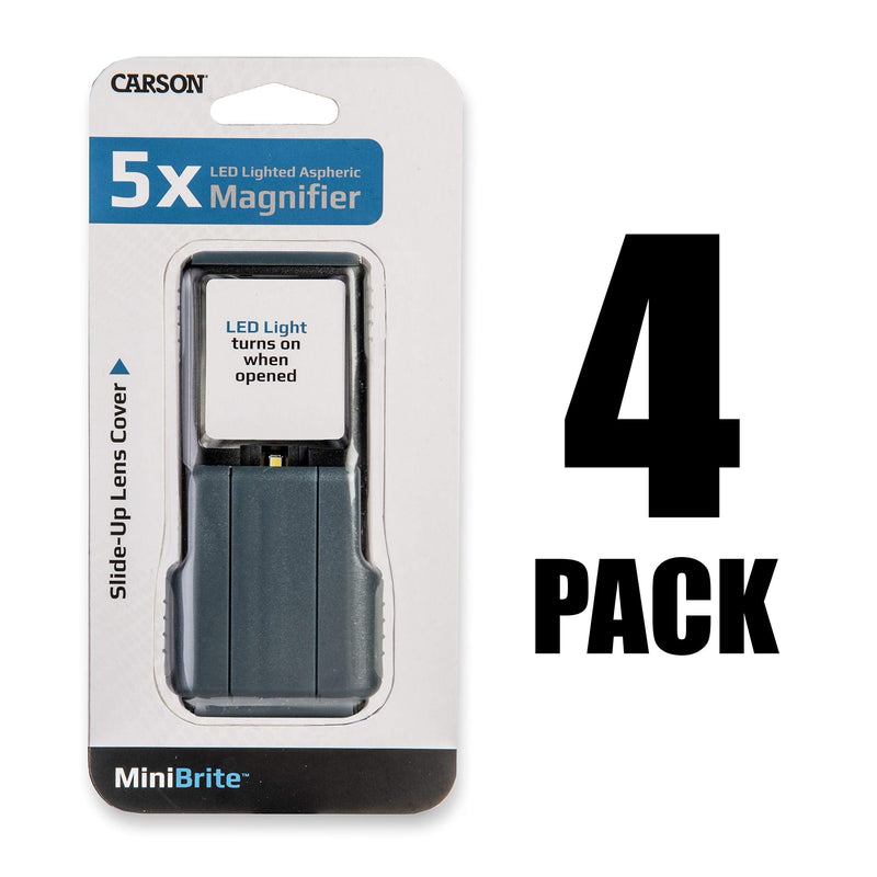Carson 5x MiniBrite LED Lighted Slide-Out Aspheric Magnifier with Protective Sleeve - Set of 4 (PO-55MU),Gray Pack of 4