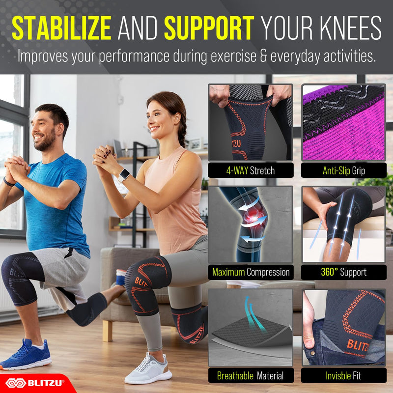 Knee Brace for Women & Men, 2 Pack Compression Knee Brace, Knee Support Sleeve for Pain Relief, Running, Workout, Sports, Knee Braces for ACL, Meniscus Tear, Arthritis and Injury Recovery Black L Large (1 Pair)