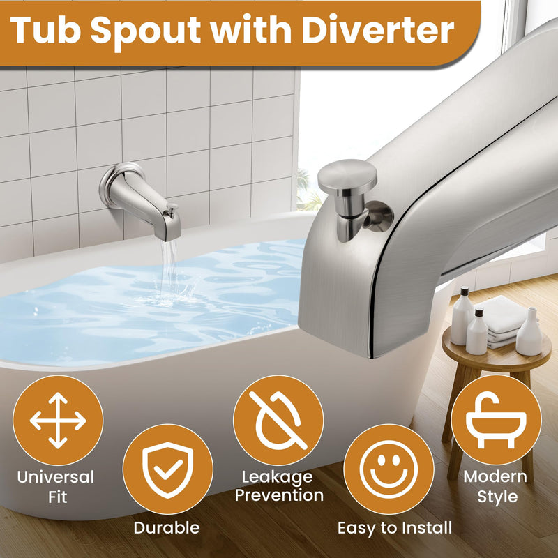 Dreyoo Tub Spout with Diverter, Tub Spout (Universal Fits 1/2 Copper Pipe, 1/2 IPS and 3/4 IPS), Bathroom Bathtub Faucet with Adapters and Hex Wrench (Brushed Nickel,Simple) Brushed Nickel Simple