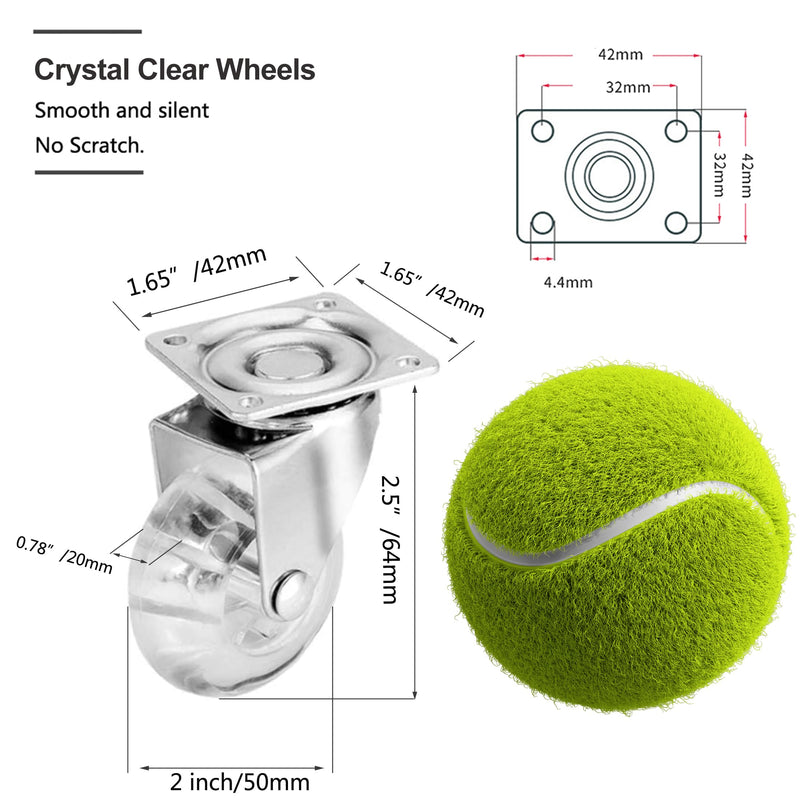 Swivel Casters Set of 4, 2 Inch Caster Wheels for Furniture, Crystal Clear Polyurethane Furniture Casters-Rolling Castors with 360 Degree Plate for Cabinet,Ottoman,Bench (500 Lbs,Screws Included) 2",4 Swivel,Clear