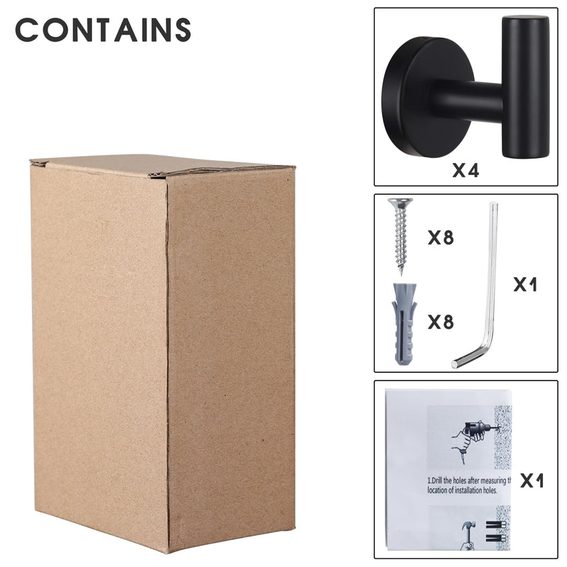 Towel Hooks Bathroom Coat Hook Robe Hook Stainless Steel Heavy Duty Door Hanger Towel Robe Clothes Cabinet Closet Sponges Wall Hook for Bathroom Bedroom Kitchen Hotel Pool 4 Packs Matte Black 4 Hooks