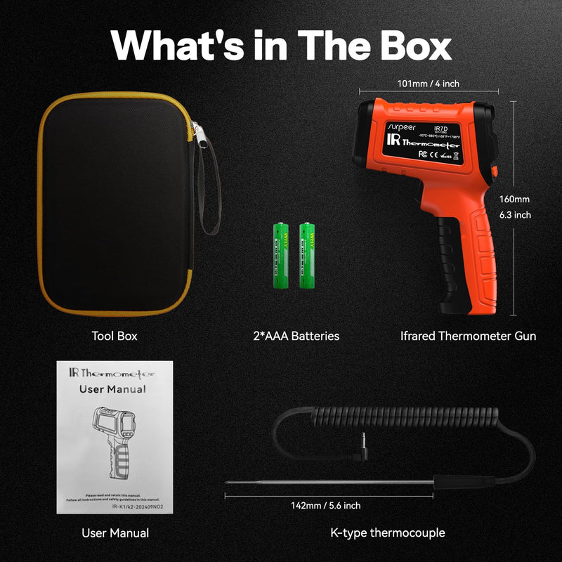 Infrared Thermometer Temperature Gun -58°F to 1796°, 16:1 Non Contact Laser Thermometer Gun with Thermocouple Probe for Humidity, Pizza Oven, Griddle, Ir Temp Gun for Home and Industry Repair orange