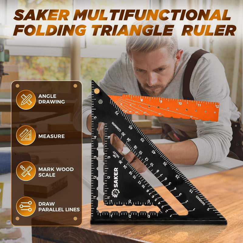 Saker Folding Square 12 inch,T Square Triangle Ruler Measuring Layout Tool,Gift for Men,Multi-Purpose Carpenter Square,Rafter Square Woodworking Tool for Drawing Contour Lines and Angles