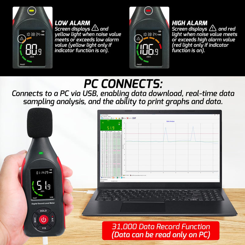 Decibel Meter Sound Level Meter Professional Sound Level Reader Detector 30dB to 130dB MAX Data Hold, Noise Monitor Digital SPL dB Meter With Alarm, Data Record & Rechargeable Function