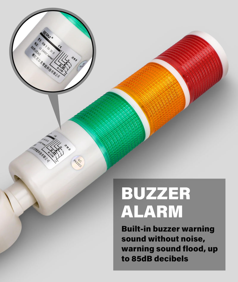 LED Warning Light,Industrial Red/Orange/Green CNC Machine Indicator Alarm Tower Light Safety Stack with Buzzer Sound for Machine Tools, Mechanical Equipment 24VDC