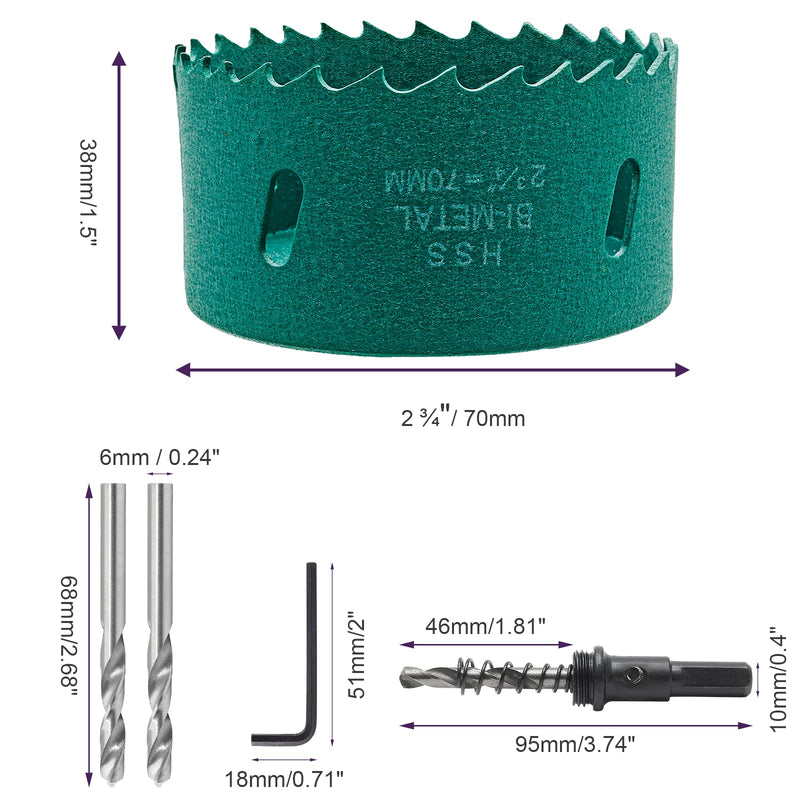 2 3/4 Inch / 70mm Hole Saw with Arbor, 2.75 Inch Hole Saw HSS Bi-Metal Hole Cutter Smoothly Cutting in Cornhole Boards, Plastic, Wood, Fiberboard, Drywall 2 3/4" / 70mm