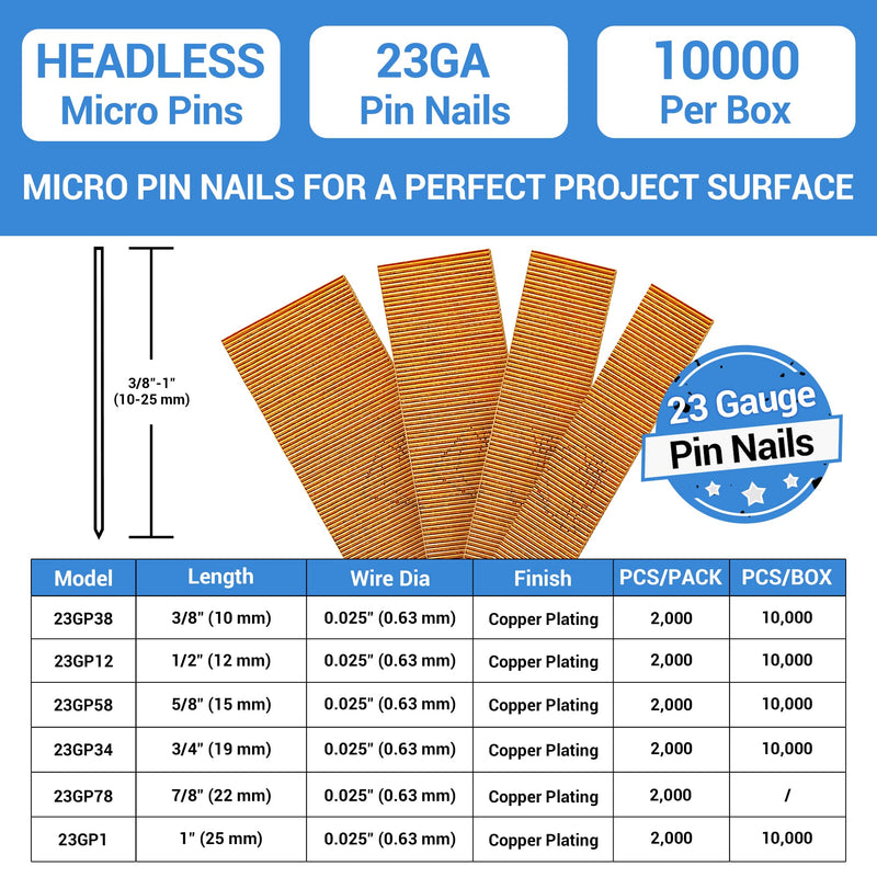 meite 23 Gauge Pin Nails, 3/8-Inch Micro Headless Pins for Pin Nailer - Copper Plated Pins Nails for Nail Gun, Ideal for Fine Woodworking and Trim Work (10,000 PCS) 1 Box