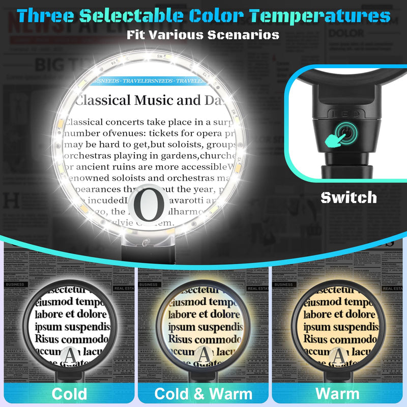 10X 30X Large Magnifying Glass with Light, Hands Free Magnifying Glass for Reading, 3 Color LED Lights Flexible Gooseneck Magnifier for Close Work Reading Sewing, 4.3in 4.3 in
