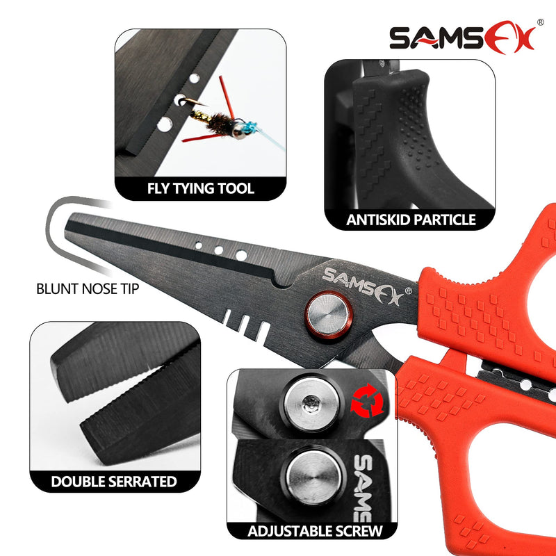 SAMSFX 6.5" Pro Fishing Shears Dual Serrated Blades, Fishing Braided Line Scissors with Titanium Coating, Non-Slip Grip & Multifunction Tool, Includes Hard Molded Locking Sheath & Coiled Lanyard A: Orange Kraton Handle, Hard Sheath