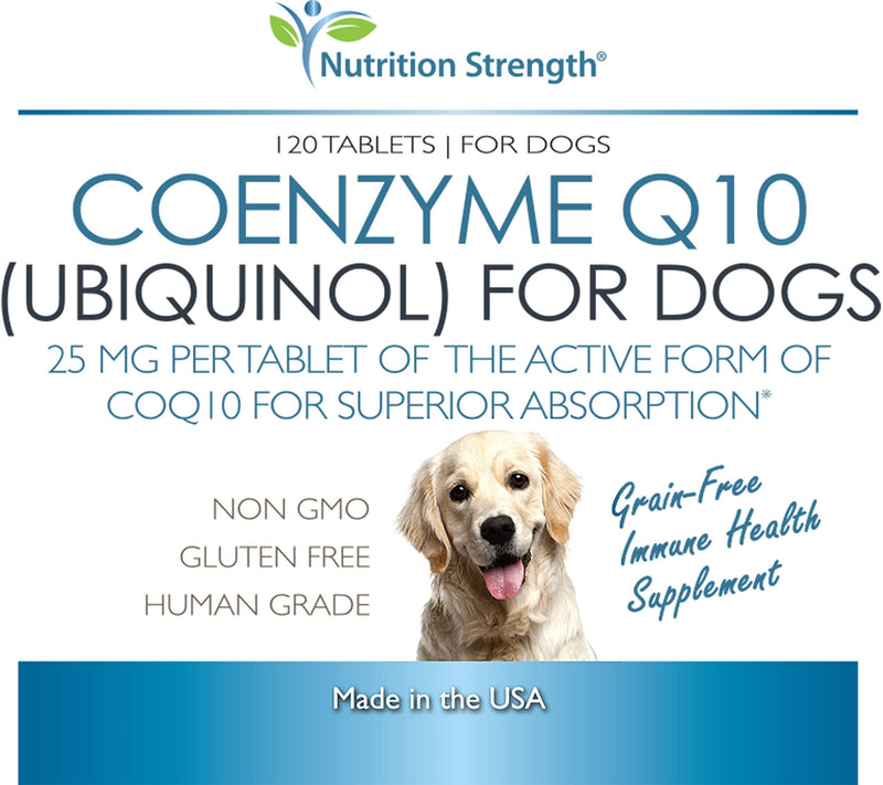 Nutrition Strength Coenzyme Q10 for Dogs Grain-Free Supplement, Ubiquinol - The Electron-Rich Form of CoQ10, Promotes Heart Health, Cognitive and Energy Support for Dogs, 120 Chewable Tablets - PawsPlanet Australia