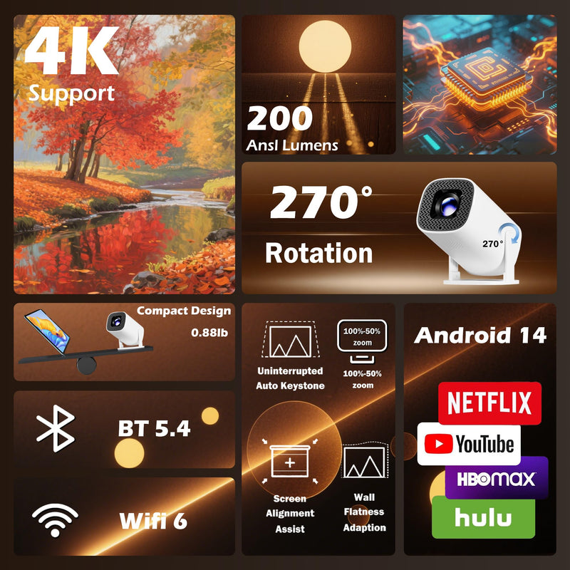 Mini Projector with Wifi and Bluetooth, Build-in Android 14, Portable Projector Outdoor&Ceiling Use, Auto Keystonet&270°Rotatable, 200 Ansi, 4k Home Thearter Movie Projector for HDMI USB