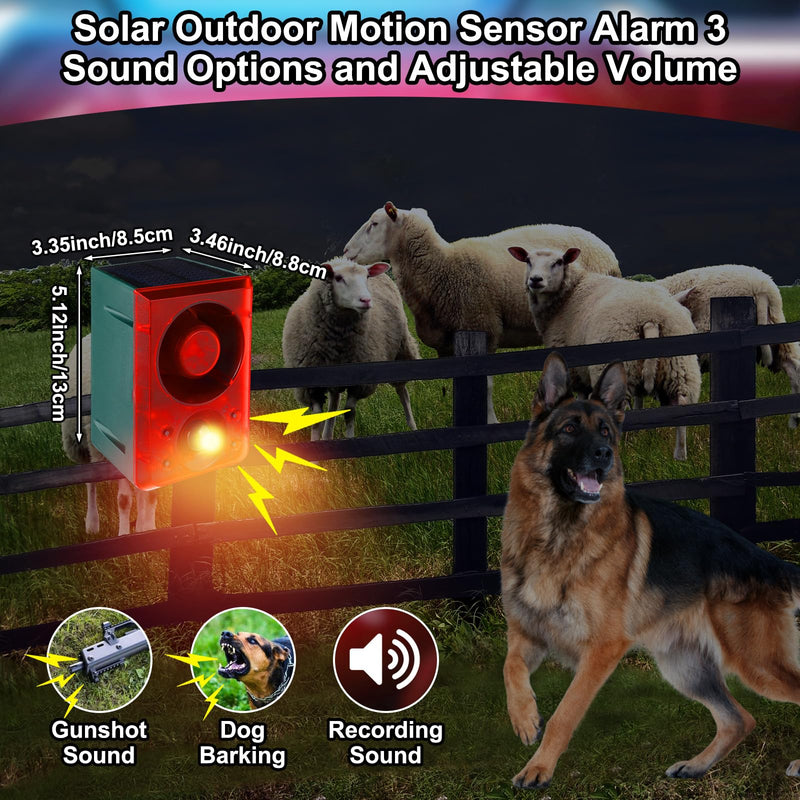 Qualirey 2 Pcs Solar Outdoor Motion Sensor Alarm with Stake Gunshot Sound Dog Barking, 3 Modes Support Recording and Adjustable Volume USB Charging 129 dB Loud Noise Maker for Animal Deterrent