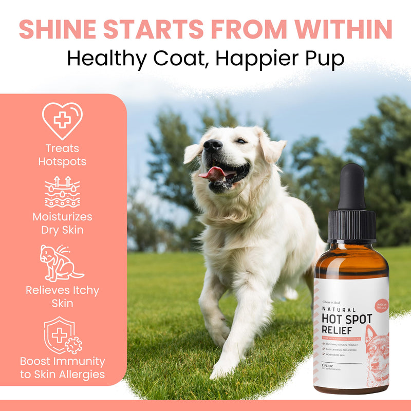 Chew + Heal Labs Natural Hot Spot Treatment for Dogs - 2 oz Soothing Oil for Hotspots and Itchy Skin with Natural Ingredients - Chlorhexidine Free - Good for Sensitive Skin - Made in the USA