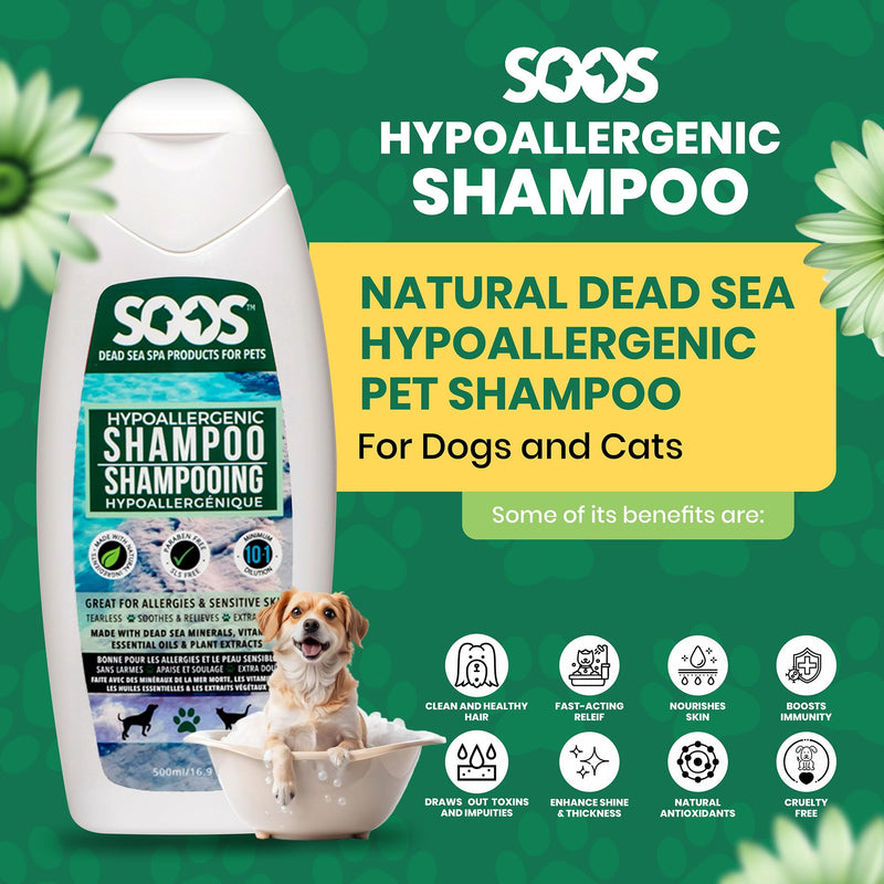 Soos Pet Dog Shampoo for Cats and Pets Hypoaller-genic Natural Dead Sea Minerals Fast Absorbing with Vitamins Essential Oils Natural Elements Antiba-cterial - 1x Pet Shampoo (500ml) - PawsPlanet Australia