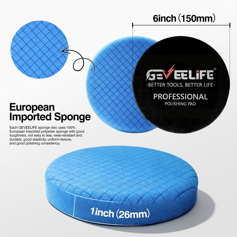 GEVEELIFE 9Pcs Buffing Polishing Pads Kit, 6 Inch Buffing Pads, Sponge & Woolen Pads with M14 Drill Adapter & Backing Plate for Car Care, Polishing, Washing, Cleaning, Waxing