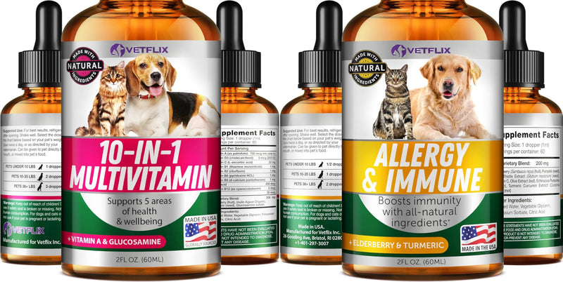 Allergy & Immune Support Bundle for Dogs, Cats, Puppies, and Kittens - 10 in 1 Pet Vitamins + Allergy Drops - Made in USA - Supports Immune, Skin, and Allergy Relief - 2 Fl Oz Each