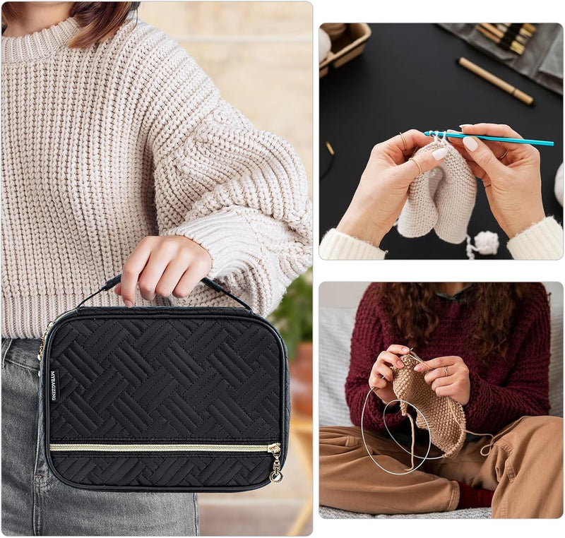 YARWO Crochet Hook Case, Travel Organizer Bag for Crochet Hooks, Aluminum Crochet Hooks, and Crochet Supplies, Black (Bag Only)