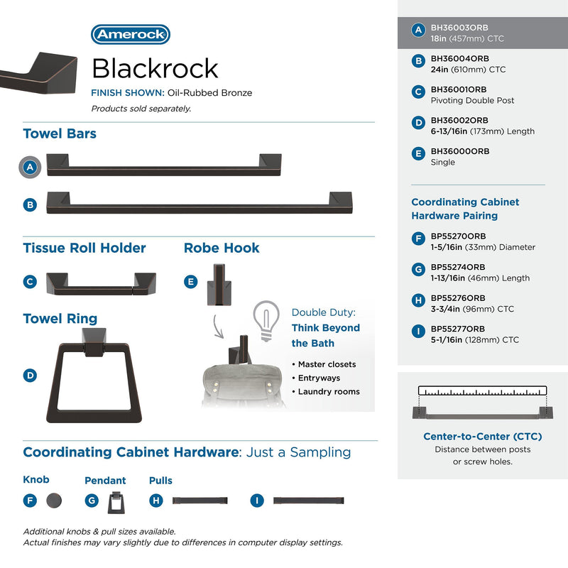 Amerock BH36003ORB | Oil Rubbed Bronze Towel Bar | 18 inch (457 mm) Center-to-Center Towel Rack | Blackrock | Bathroom Towel Holder | Bathroom Hardware | Bath Accessories