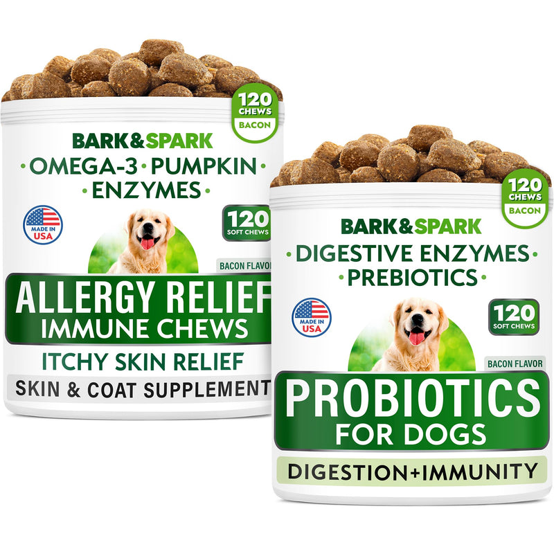 Allergy Relief + Probiotics & Digestive Enzymes for Dogs - Anti-Itch Skin & Coat Supplement - Omega 3 Fish Oil - Gut Health - Pet Diarrhea Gas Treatment, Upset Stomach Relief Pills, Digestion Health