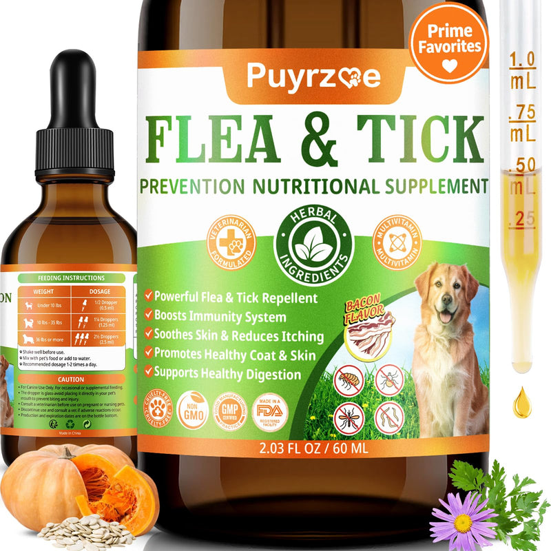 Puyrzoe Dog Flea Treatment Drops, Natural Oral Flea and Tick Prevention for Dogs with Pumpkin Seed, Echinacea, Omega-3/6/9- Support Immunity, Healthy Skin & Coat, Digestion & Overall Wellness