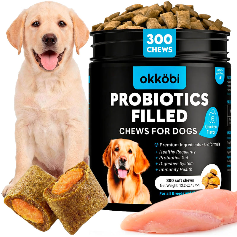 Probiotics for Dogs Chews 300PCs - Digestive, Gut Health & Diarrhea Support - US Formula with Dog Probiotics, Enzymes & Natural Ingredients - Crunchy & Creamy Chicken