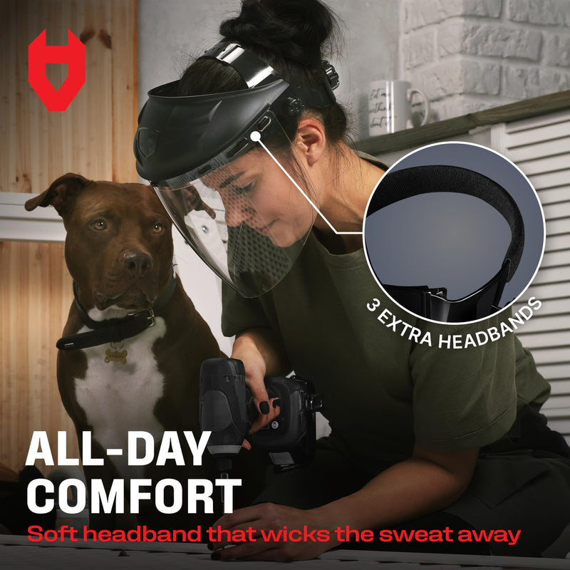 NoCry Premium Safety Face Shield for Grinding and Cutting — Clear Anti-Fog, Impact Resistant Visor and Adjustable Headgear — ANSI Z87.1 Certified for Industrial Use — Washable Sweatbands Included FaceArmor Pro