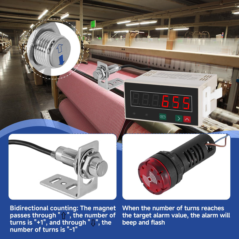 JIAWANSHUN Bidirectional LED Digital Counter with Proximity Switch Copper Sensor Alarm, Electronic Counter for Punch Press, Packaging&Textile, Magnetic Knitting Machine Counter 110V