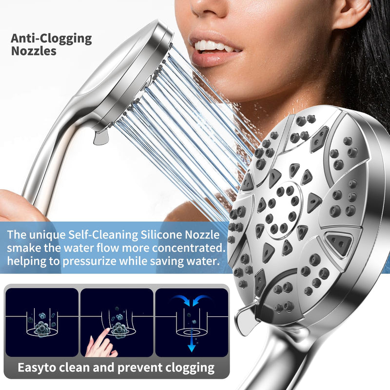 High Pressure 8-mode 5'' Handheld Shower Head with 5 ft Stainless Steel Hose and Adjustable Bracket, Built-in Power Wash to Clean Tub, Clean Corner,Tile & Pets Silver