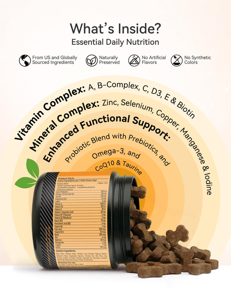 Dog Multivitamin Soft Chews – Daily Dog Vitamins & Supplements for Immunity, Skin & Coat, Digestion & Overall Wellness, Tasty Chewable Vitamins for Dogs, All Breeds & Ages, Chicken Flavor, 120 Chews