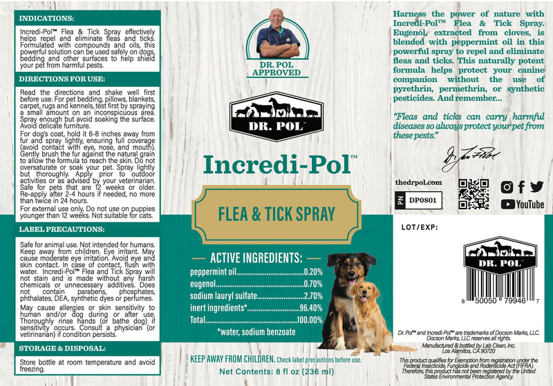 Dr. Pol Incredi-Pol Flea & Tick Spray | Fast-Acting Pest Control for Dogs | Helps Repel & Eliminate Fleas, Ticks & Larvae | Safe & Effective Formula | 8 oz