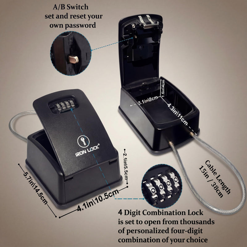 Iron Lock® Key Lock Box Portable with Cable Shackle & Wall Mount – Waterproof Heavy Duty Metal Lock Box for Keys with 4-Digit Combination Code on Door Knob, Fence, Pipe or Gate Extra Large(Black, XXL) 2X-Large Portable Cable Black