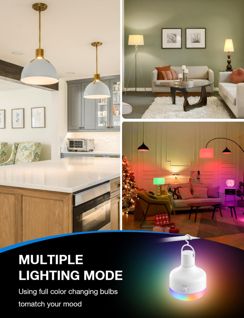 NIORSUN 2 Pack E26 Battery Operated Light Bulb, 300LM 5200mAh 3 Color Temperature and RGB Rechargeable Light Bulbs with Remote, Dimmable & Timer Function for Wall Sconces