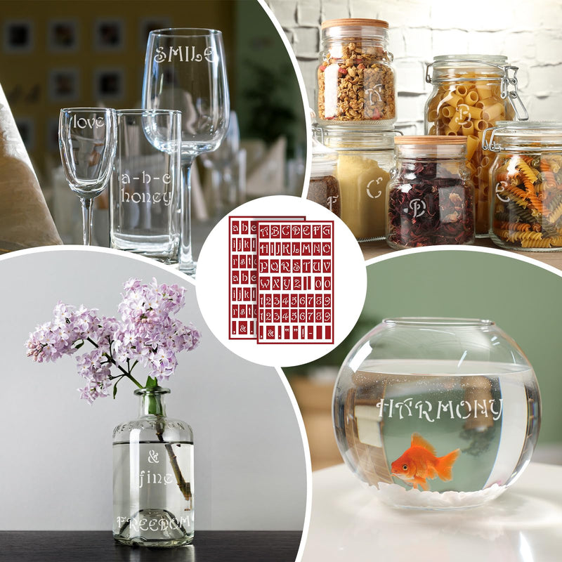 ForraFun 4 Pcs Self-Stick Glass Etching Engraving Stencils for Glass or Stamping Adhesive Stencils, Lowercase Alphabet and Capital Letters with Numerals Etching