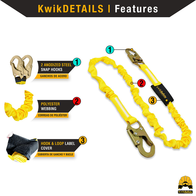 KwikSafety - Charlotte, NC - Rattler [1 Pack] Internal Shock Absorber Single Leg 6ft Safety Lanyard OSHA ANSI Fall Arrest Protection Equipment Snap Hooks Construction Arborist Roofing 1. Single-Leg 1 Pack