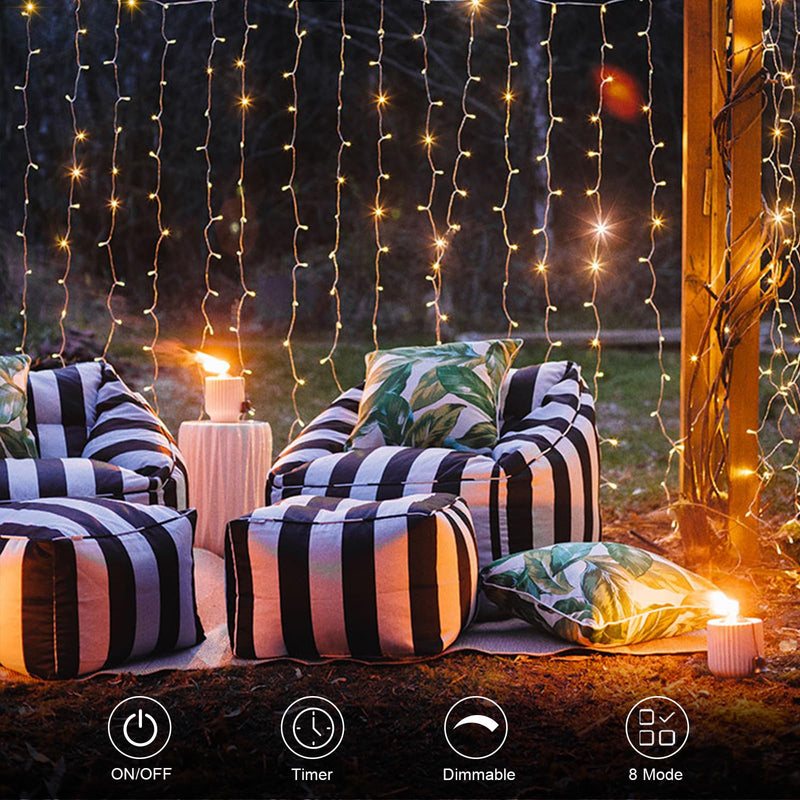 echosari 300 LED Curtain Lights Battery Operated, 9.8ft×9.8ft Hanging Lights with Remote Timer Fairy Curtain Lights for Bedroom Patio Wedding Backdrop Party Decór (Warm White) Warm White