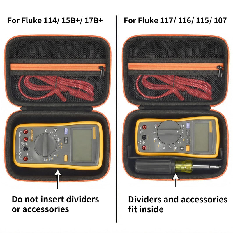 BoobowL Hard Carrying Case Compatible with Fluke 17B+/15B+/ 117/116/ 115/114/ 107 Digital Multimeter, Protective Storage Bag with Zippered Mesh Pocket & Detachable Divider for Accessories (Box Only) Black
