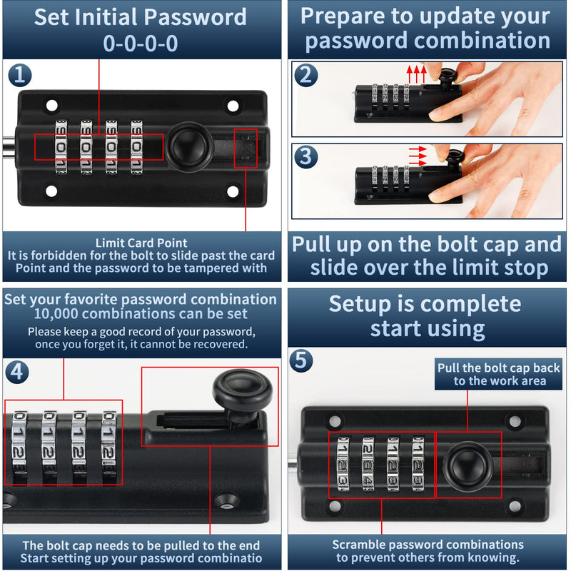 Combination Locking Bolt 2 Pack,Thickened Solid Zinc Alloy Combination Barrel Bolt,Safety Slide Latch Lock with Password Setting,for Shed,Garages,Fences,Iron Gate.(Black 4.8 inch) Black-2 Combination Locking Bolt